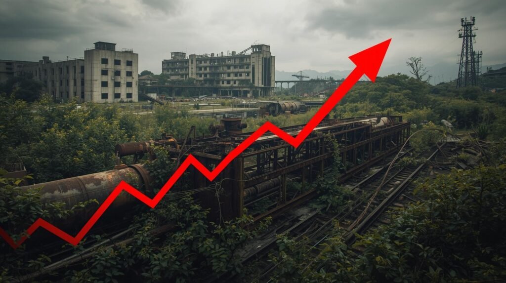 Fábrica abandonada e enferrujada no Brasil com um gráfico financeiro vermelho em ascensão sobreposto, ilustrando a desindustrialização causada pelos juros altos.
