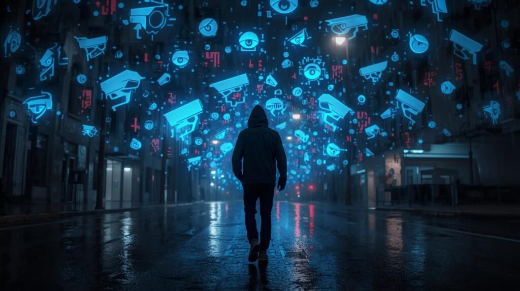Silhueta de um cidadão comum cercada por dezenas de olhos digitais e câmeras brilhantes, simbolizando a vigilância e a falha da LGPD.