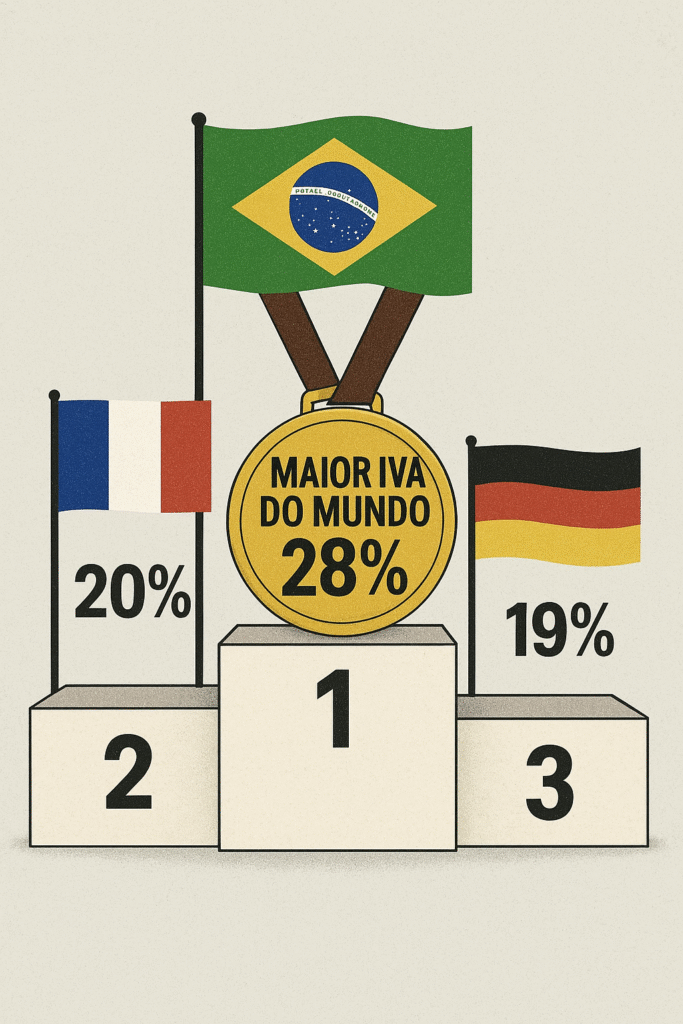 Gráfico de pódio mostrando o Brasil em primeiro lugar com a medalha de "Maior IVA do Mundo - 28%", criticando a alta carga tributária.