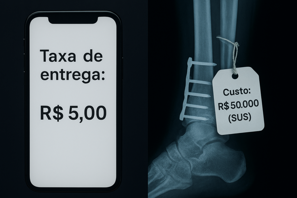 Comparativo entre a taxa de entrega barata no celular e um raio-x de fratura grave, mostrando o prejuízo dos acidentes de trabalho absorvido pelo SUS.