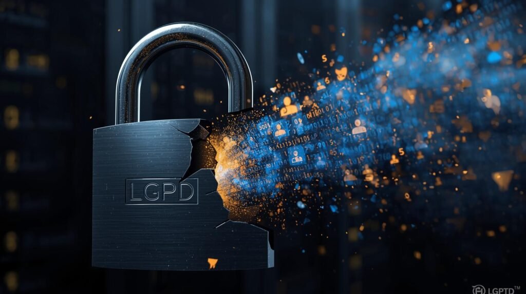 Cadeado digital aberto com dados vazando em código binário, representando a fragilidade da proteção de dados no Brasil.