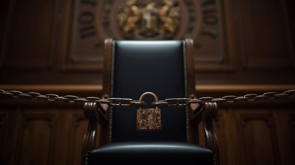 Cadeira de ministro do STF vazia e acorrentada dentro do plenário, simbolizando o bloqueio político da sabatina do STF pelo Senado.