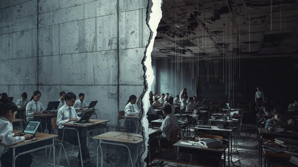 Muro de concreto dividindo uma escola de elite tecnológica de uma escola pública precária, ilustrando a brutal desigualdade educacional no Brasil.