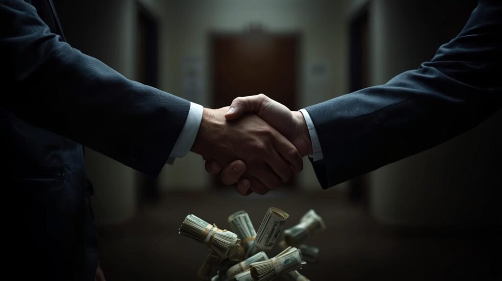 Aperto de mão entre políticos com dinheiro e documentos sendo trocados escondido, ilustrando a negociação por trás da sabatina do STF.