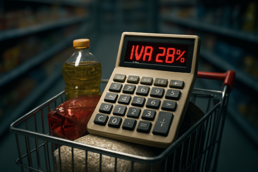 Carrinho de supermercado com poucos itens básicos e uma calculadora antiga mostrando "IVA 28%", ilustrando o possível aumento do custo de vida com a Reforma Tributária.