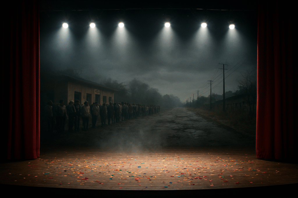 Palco de teatro vazio e iluminado em primeiro plano, contrastando com um fundo escuro que mostra problemas reais do Brasil (desemprego e infraestrutura) sendo ignorados pela política de performance.