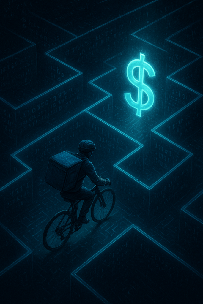 Entregador preso em um labirinto digital que muda constantemente, ilustrando a manipulação do algoritmo e a falsa autonomia.
