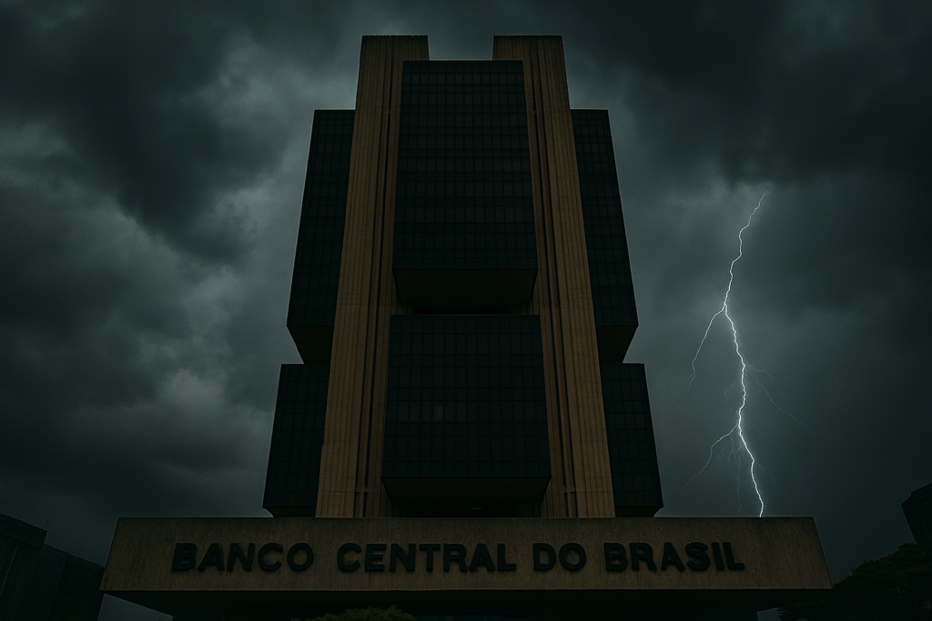 O Banco Central do Brasil sob nuvens de tempestade, simbolizando a pressão da Super Quarta.