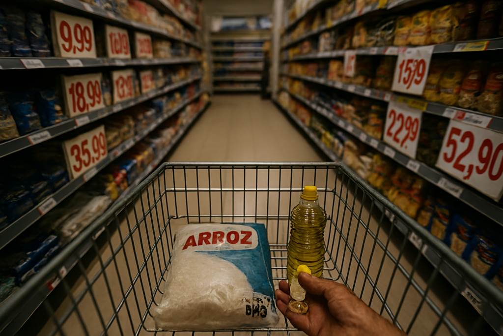 Carrinho de supermercado quase vazio com etiqueta de preço alto, focado na inflação de alimentos.
