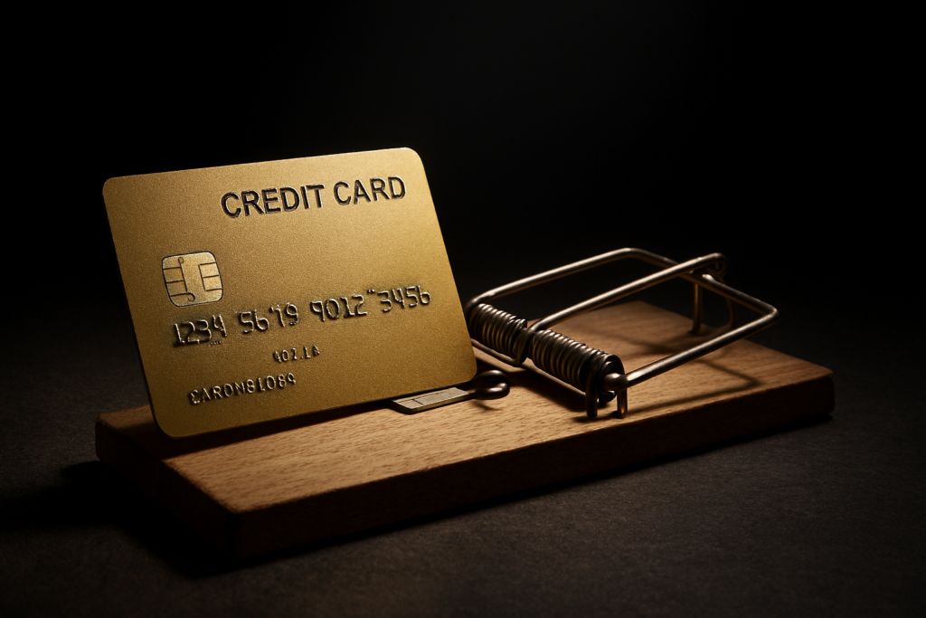 Cartão de crédito preso em uma ratoeira, simbolizando a armadilha do endividamento.