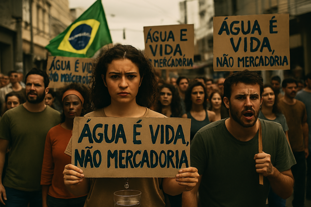 Protesto popular com cartazes contra a privatização do saneamento e tarifas abusivas.