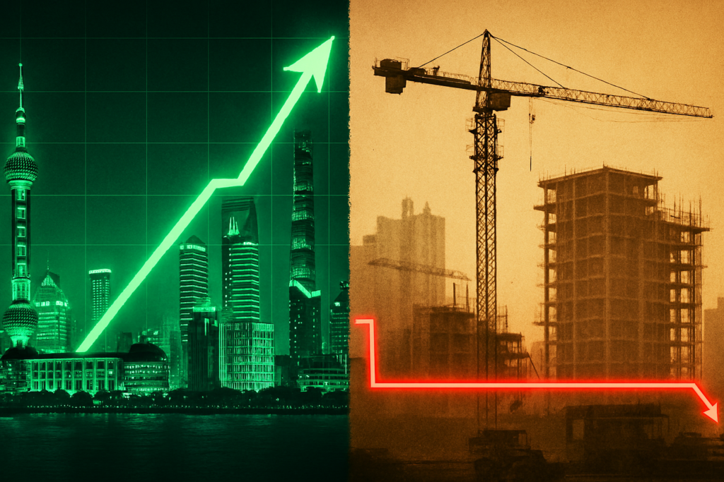 Gráfico comparativo simbólico mostrando a renda do trabalhador chinês subindo e a do brasileiro estagnada.