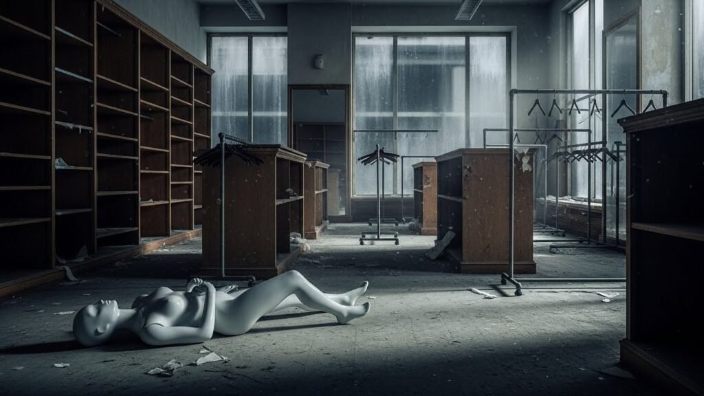 Um manequim de loja caído no chão de uma loja vazia e escura, simbolizando a falência.