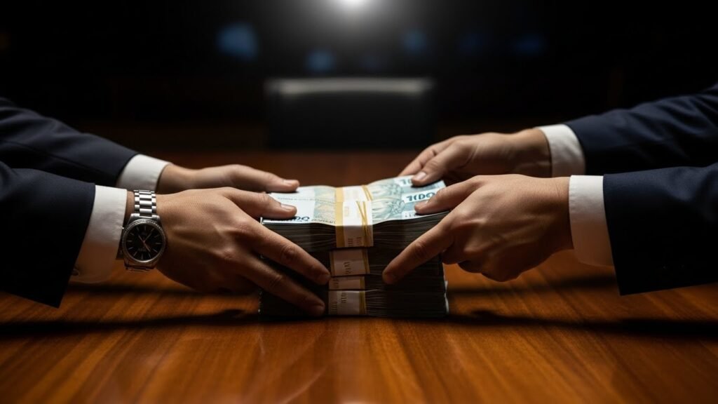 Mãos de políticos trocando maços de dinheiro sob a mesa no Congresso Nacional.