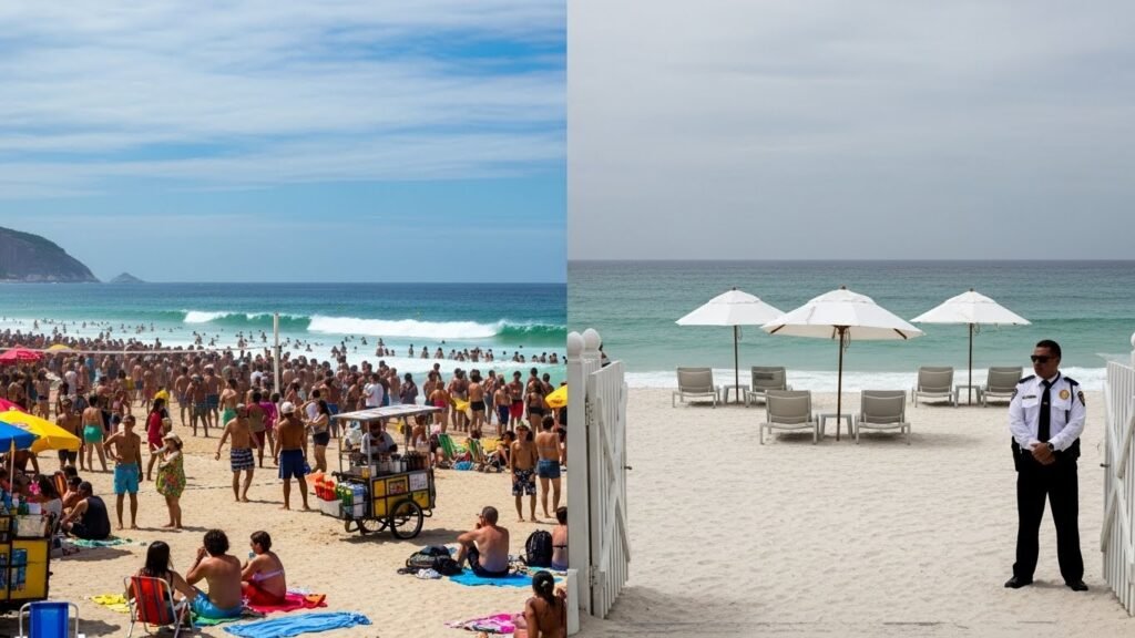 Montagem mostrando uma praia pública lotada versus uma praia privada vazia com espreguiçadeiras de luxo. A PEC das Praias gerará segregação.