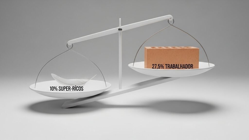 Renderização 3D de uma balança desequilibrada. De um lado uma pena (10% Super-Ricos), do outro um tijolo pesado (27,5% Trabalhador).