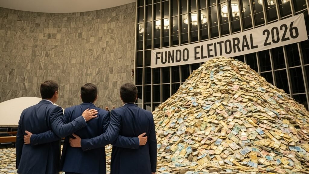 Visão traseira de políticos de terno, abraçados, olhando para uma montanha de dinheiro com uma faixa "Fundo Eleitoral 2026".