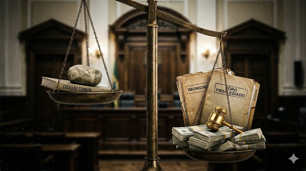 Balança da justiça desequilibrada, simbolizando a desigualdade gerada pelo foro privilegiado e pela imunidade parlamentar.