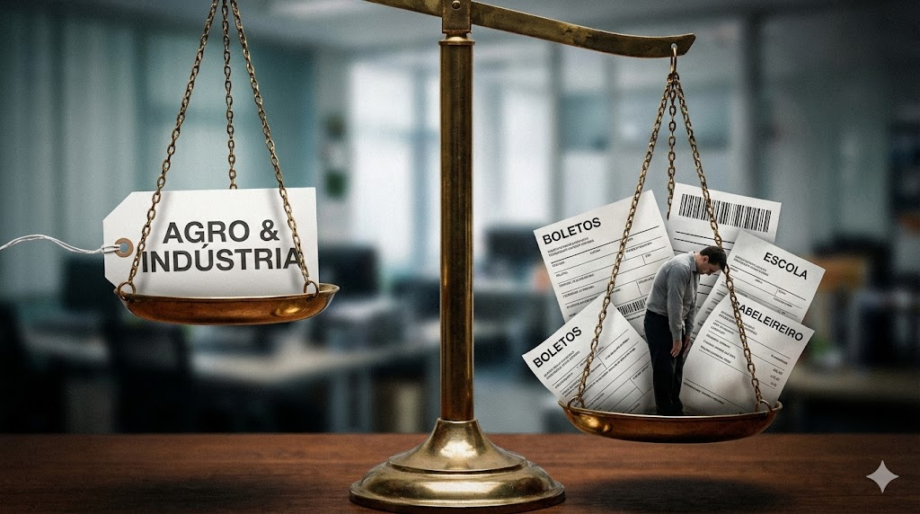 Balança fiscal desequilibrada onde o peso dos boletos e serviços da classe média esmaga um cidadão, enquanto o lado do Agro e Indústria está leve, criticando a distribuição de carga na Reforma Tributária.