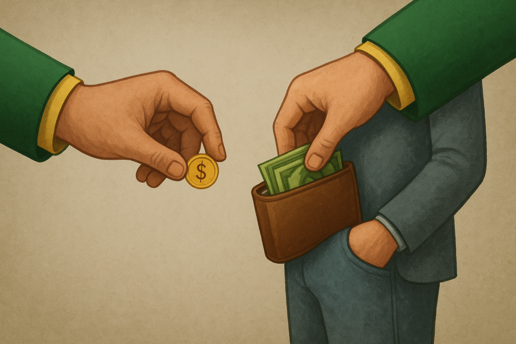 Mãos do governo brasileiro, uma oferecendo uma pequena moeda de isenção fiscal enquanto a outra retira a carteira do cidadão, ilustrando o jogo de dar e tirar.