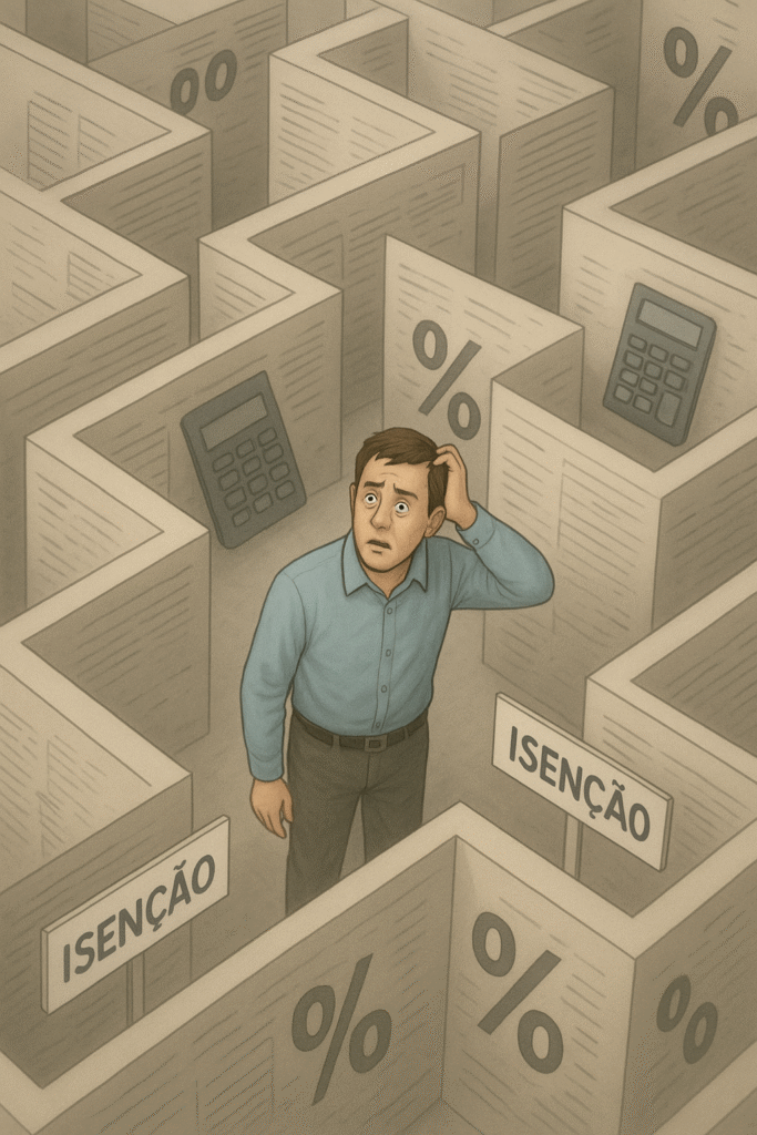 Cidadão confuso preso em um labirinto complexo feito de regras fiscais e impostos, simbolizando a dificuldade do sistema tributário brasileiro.