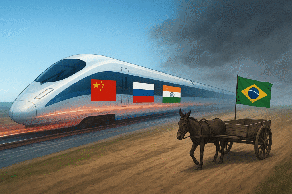 Trem-bala futurista do BRICS ultrapassando uma carroça lenta com a bandeira do Brasil, simbolizando o atraso no modelo de desenvolvimento nacional.