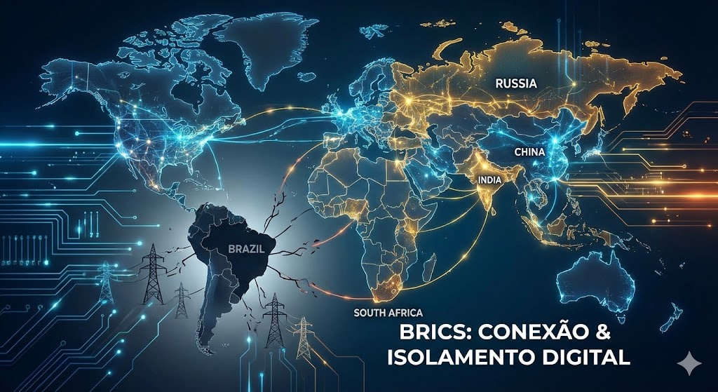 Mapa múndi mostrando os países do BRICS conectados por redes de energia, exceto o Brasil, que aparece isolado e desconectado, criticando sua falta de integração estratégica.