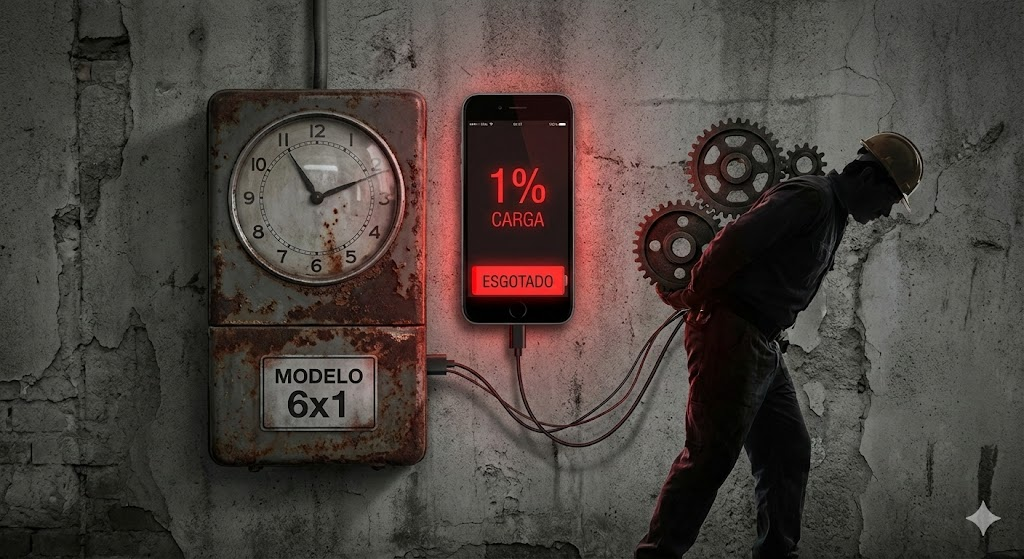 Relógio de ponto com bateria humana em 1%, ilustrando a exaustão e baixa produtividade causadas pela escala 6x1 no Brasil.