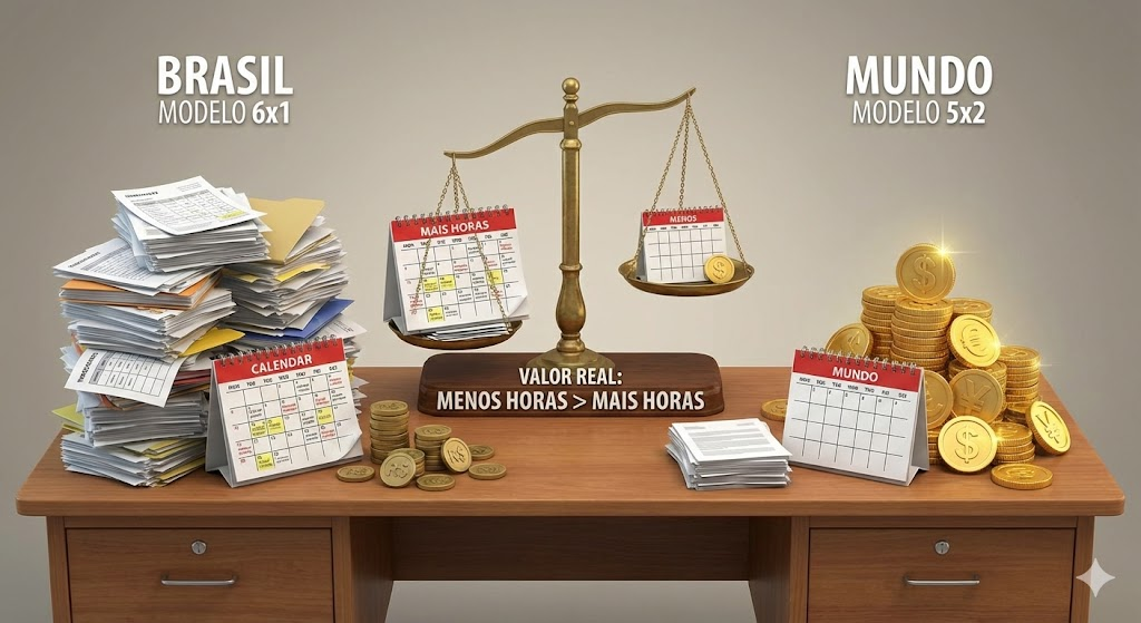 Comparativo visual mostrando que menos horas de trabalho (escala 5x2) geram mais lucro e produtividade do que a escala 6x1.