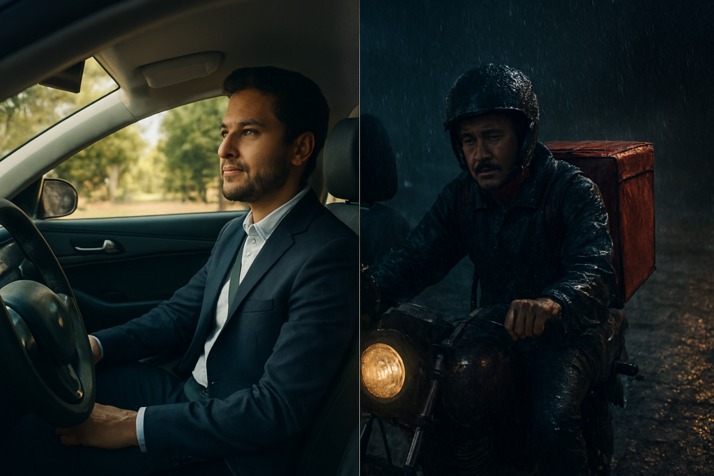Contraste entre motorista seguro e entregador na chuva, ilustrando a falha na regulamentação dos aplicativos.