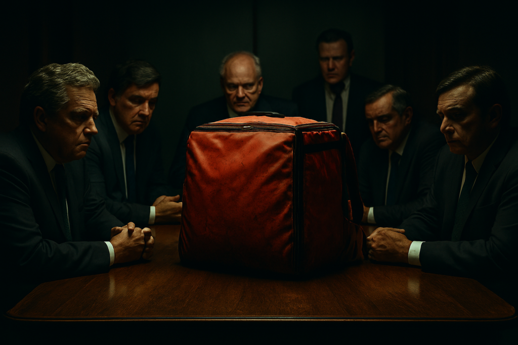 Mochila de entrega pesando sobre a mesa política, simbolizando o lobby contra a regulamentação dos aplicativos.
