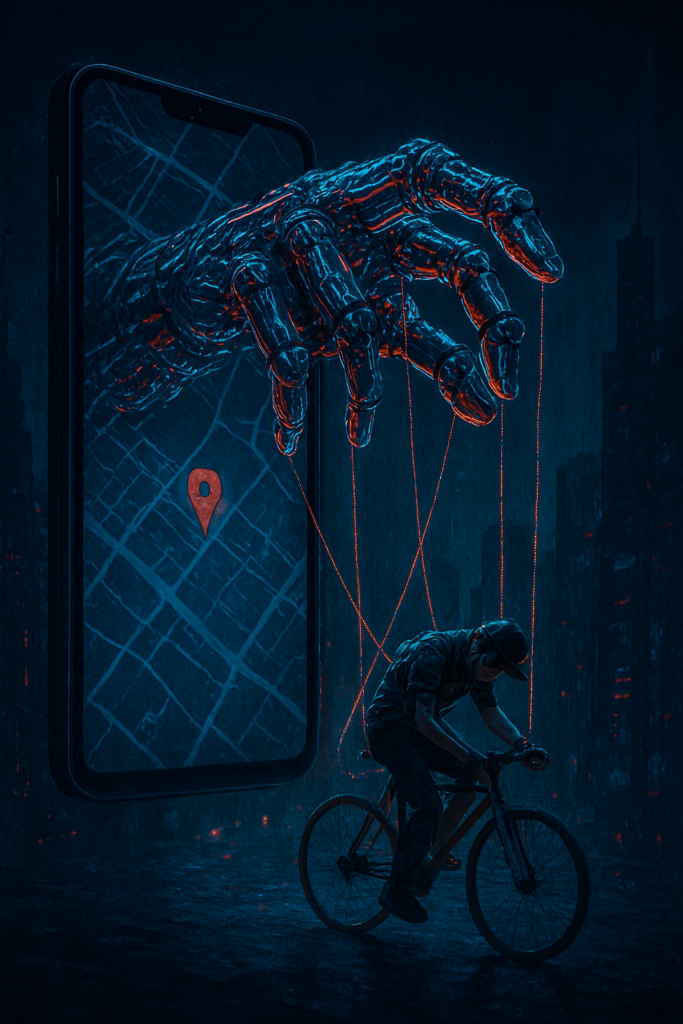 Mão robótica controlando um entregador como marionete, ilustrando a subordinação algorítmica e a falta de autonomia.