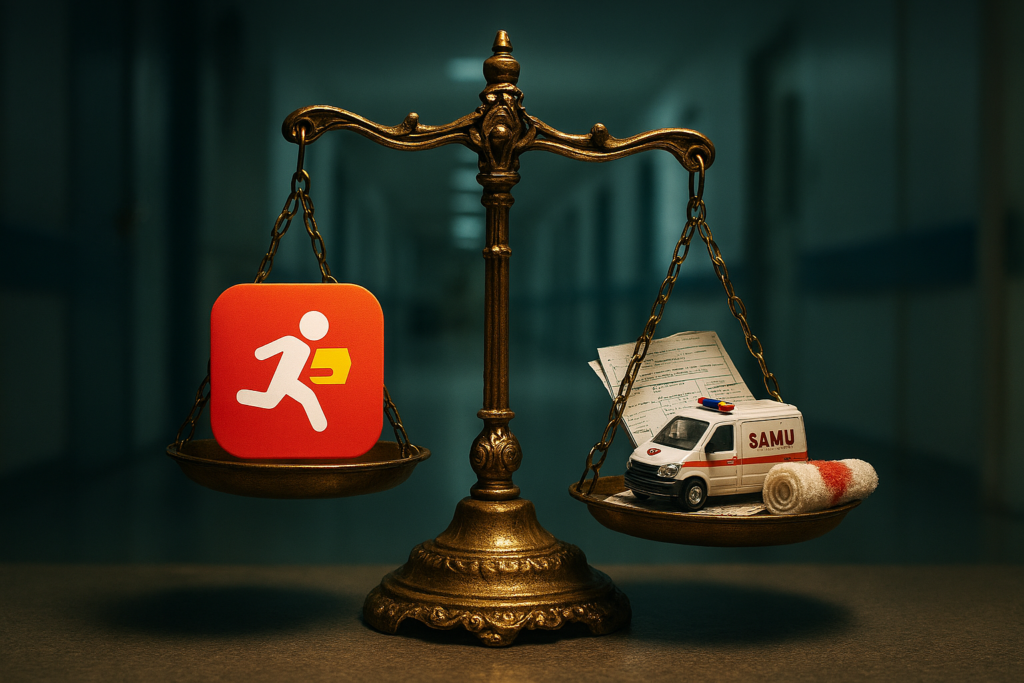 Balança mostrando o lucro dos apps versus o custo dos acidentes para o SUS, criticando a socialização do prejuízo.