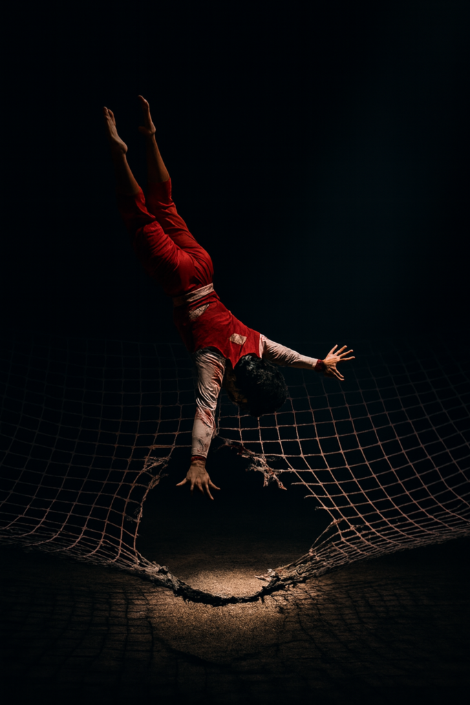 Trabalhador caindo através de uma rede de proteção social rasgada e esburacada, simbolizando a falta de segurança nos direitos trabalhistas da nova proposta de regulamentação.