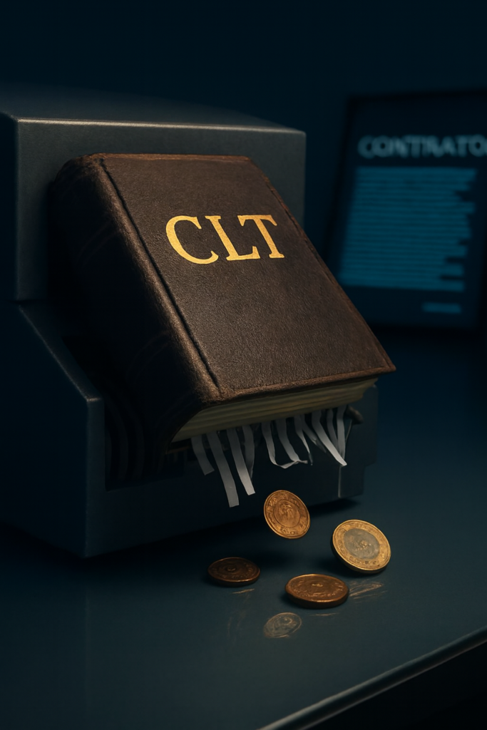 Carteira de trabalho brasileira sendo triturada e transformada em moedas, simbolizando a perda de direitos trabalhistas na nova categoria de trabalho por plataforma.