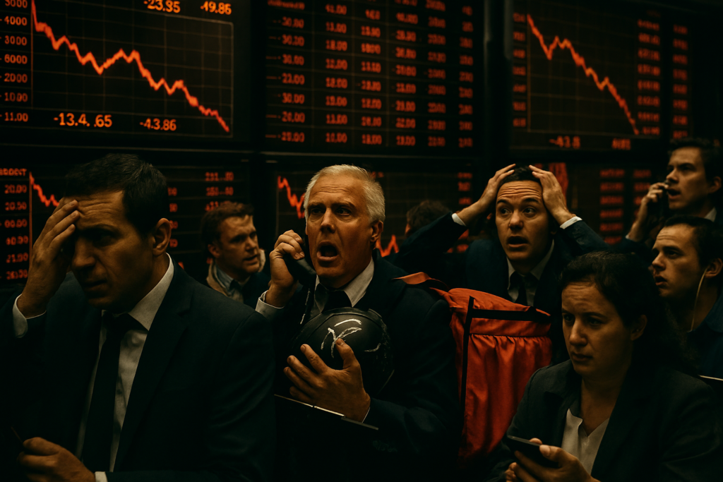 Operadores da bolsa de valores em pânico diante de gráficos vermelhos na Super Quarta.