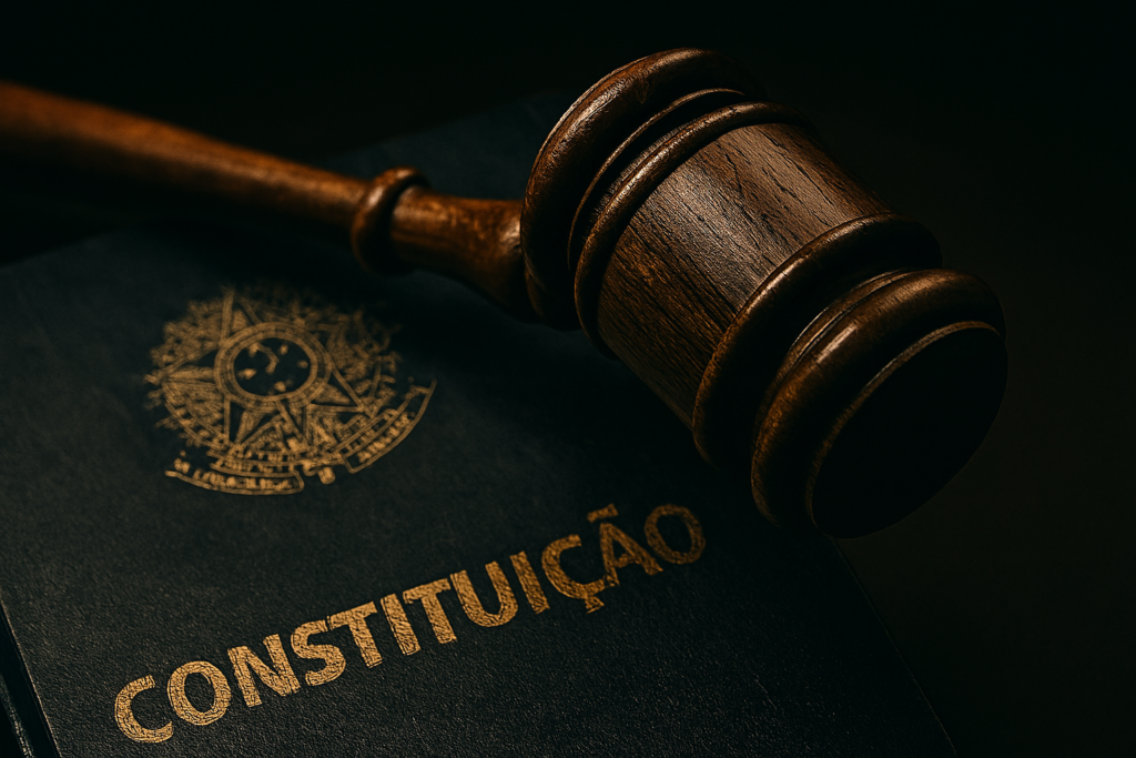 Martelo da justiça sobre a Constituição Brasileira, representando a alteração na Lei do Impeachment.