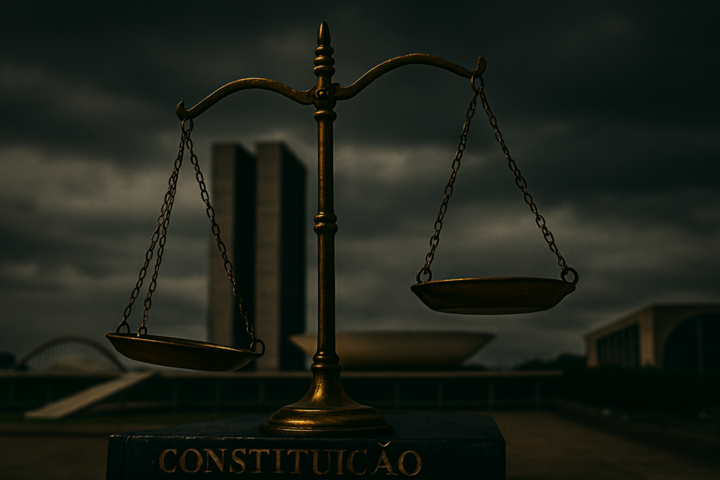 Balança da justiça desequilibrada, simbolizando a crise entre os poderes.