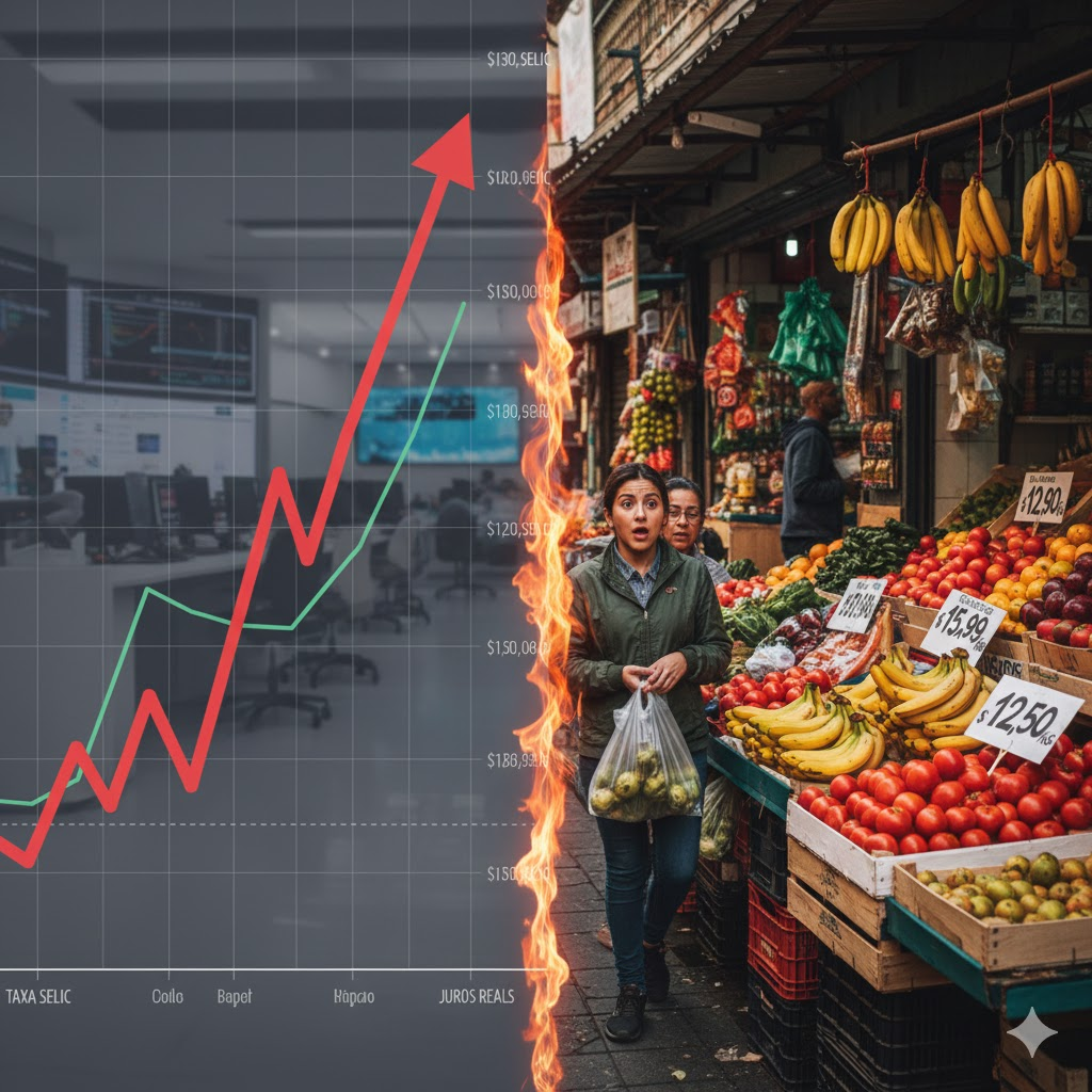 Gráfico da taxa Selic subindo, contrastando com feira popular onde preços de alimentos estão altos, simbolizando a ineficácia dos juros reais contra a inflação estrutural.