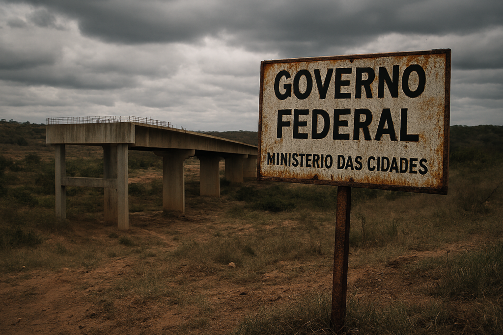 Obra pública abandonada com placa de financiamento federal, simbolizando o desperdício do Orçamento Secreto.