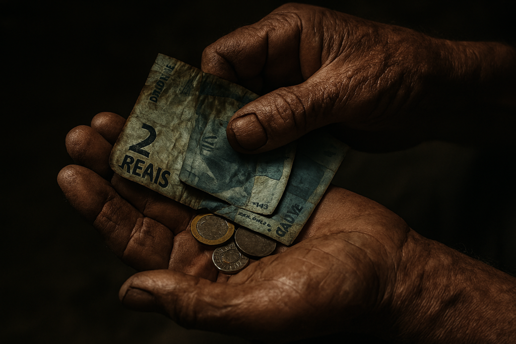 Mãos de um trabalhador segurando poucas moedas e notas de Real, com expressão de preocupação.