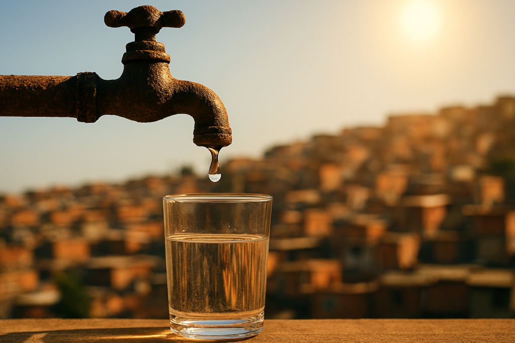 Torneira seca pingando a última gota de água em um copo, com fundo desfocado de uma comunidade carente.