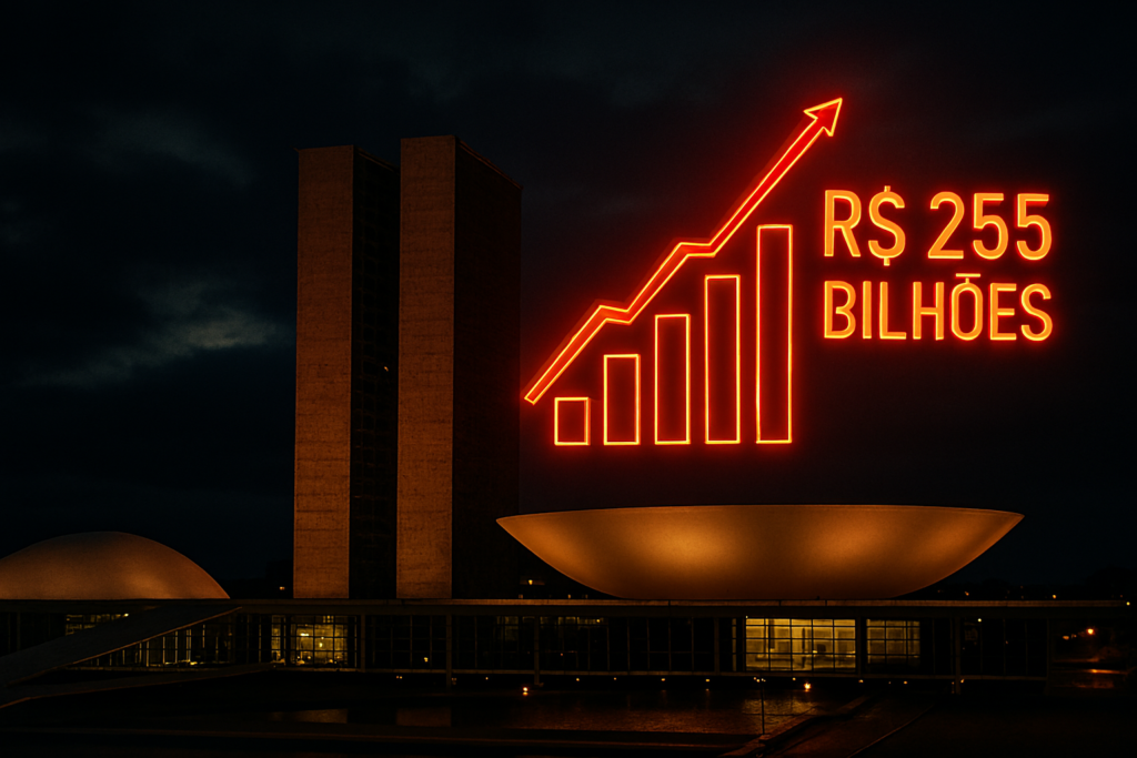 O Congresso Nacional iluminado à noite com um gráfico de barras vermelho subindo, representando o recorde de emendas parlamentares.