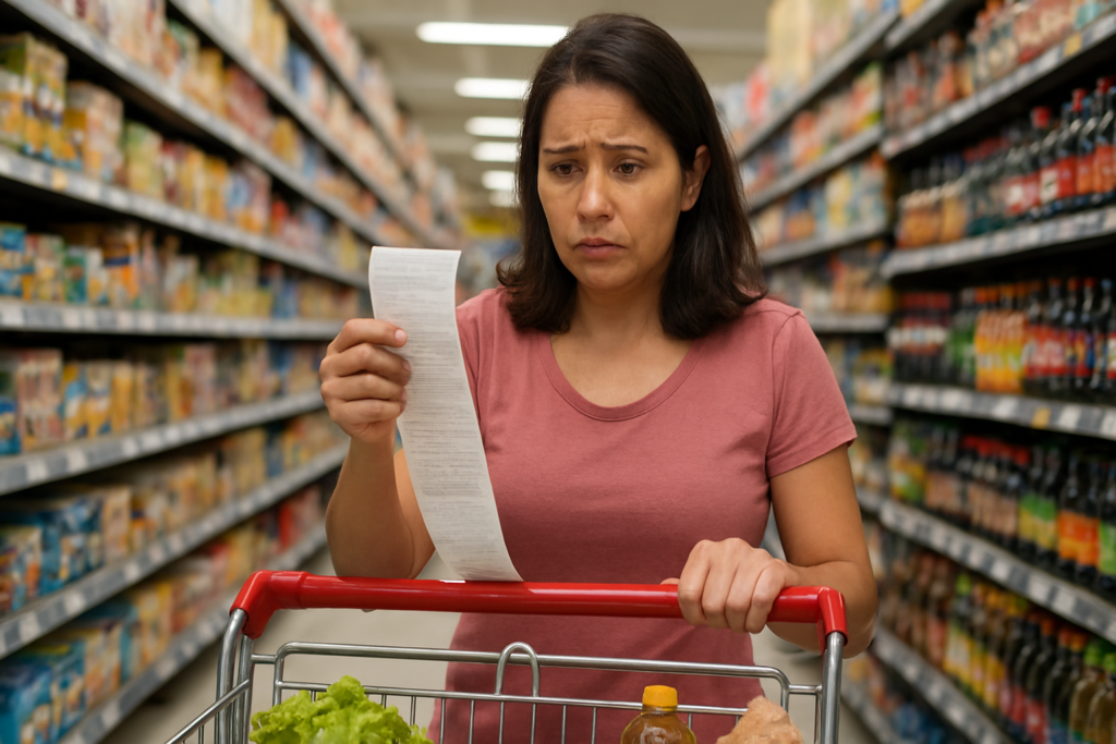 Dona de casa brasileira fazendo contas no supermercado com expressão preocupada diante de um carrinho vazio.