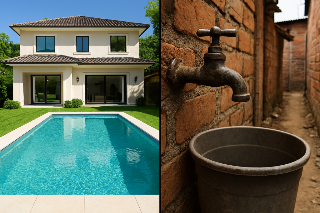 Contraste visual entre uma piscina cheia em mansão e uma torneira seca pingando em uma casa de favela. a Privatização da Água pode levar a estas discrepâncias.