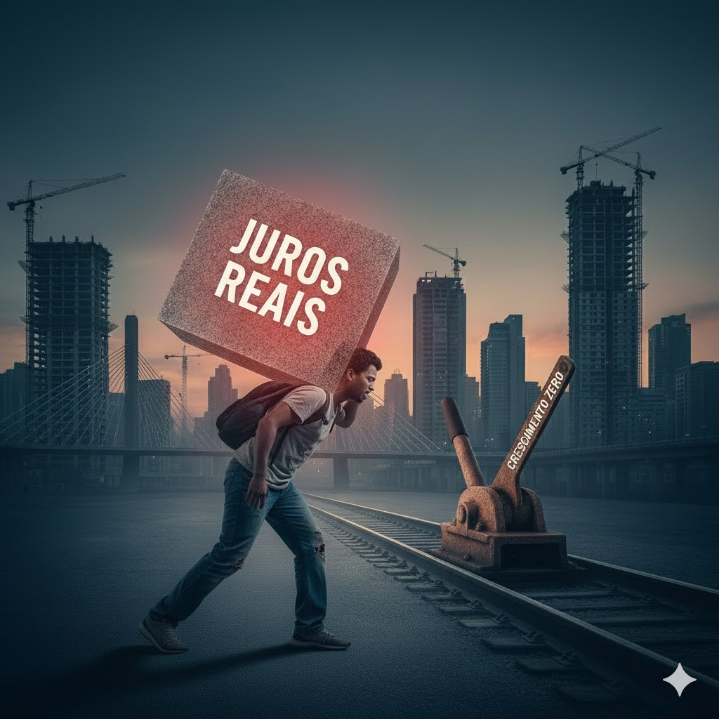 Pessoa comum curvada sob um bloco escrito "Juros Reais", arrastando um freio de mão em uma ferrovia estagnada, simbolizando o peso dos juros reais no crescimento econômico do Brasil.