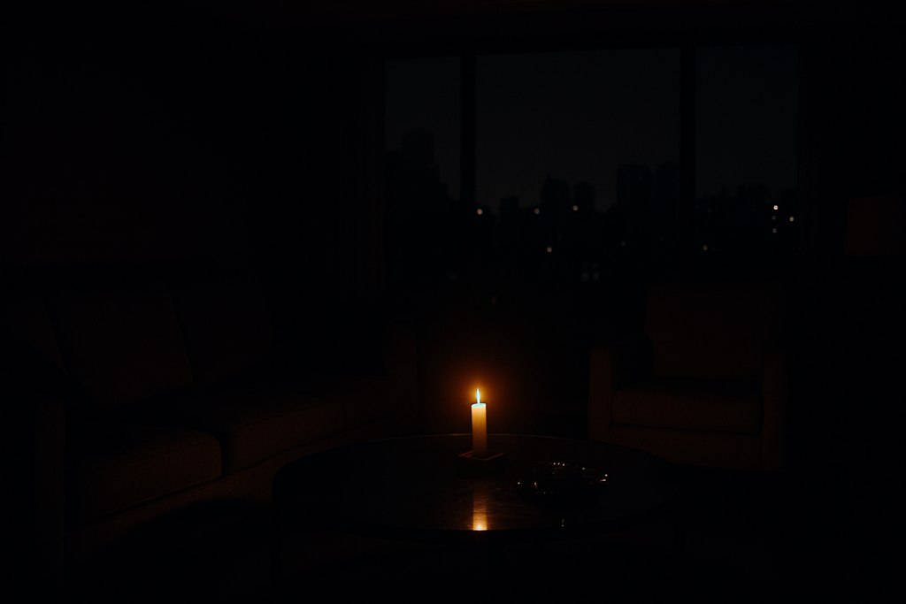 Vela acesa em um apartamento moderno, contrastando a tecnologia com a falta de serviço básico. A Crise da Enel em SP gerando problemas para a população.