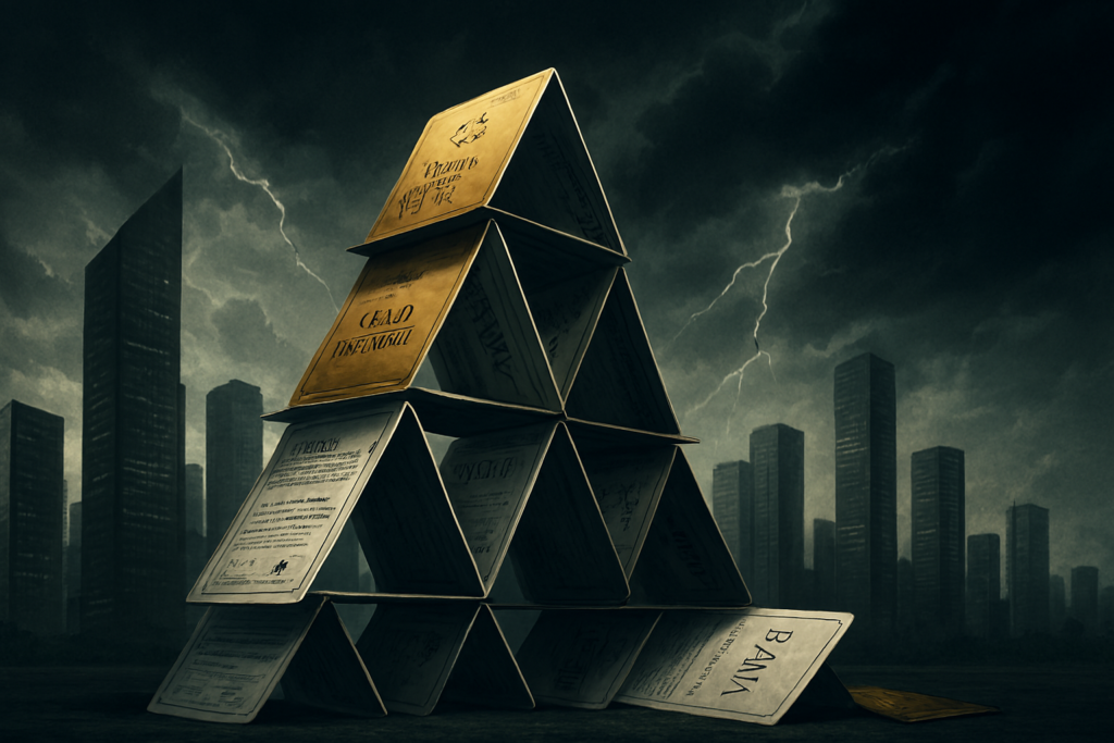 Um castelo de cartas feito de contratos bancários e logotipos financeiros desmoronando, com a Faria Lima ao fundo. O Escândalo do Banco Master está inserido em todas as esferas de influência.