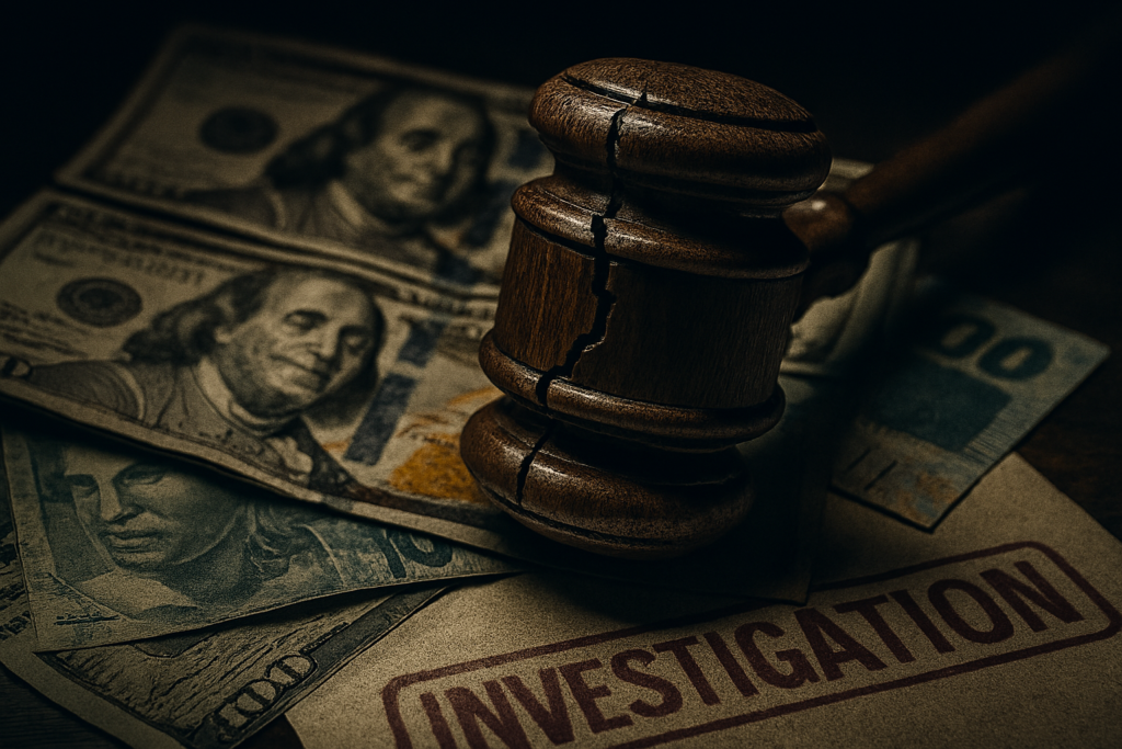 Martelo de juiz quebrado sobre uma pilha de dinheiro e documentos com a sigla CDB, simbolizando a corrupção.