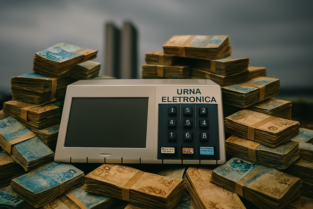 Urna eletrônica brasileira cercada por pilhas de dinheiro, com o Congresso Nacional ao fundo.